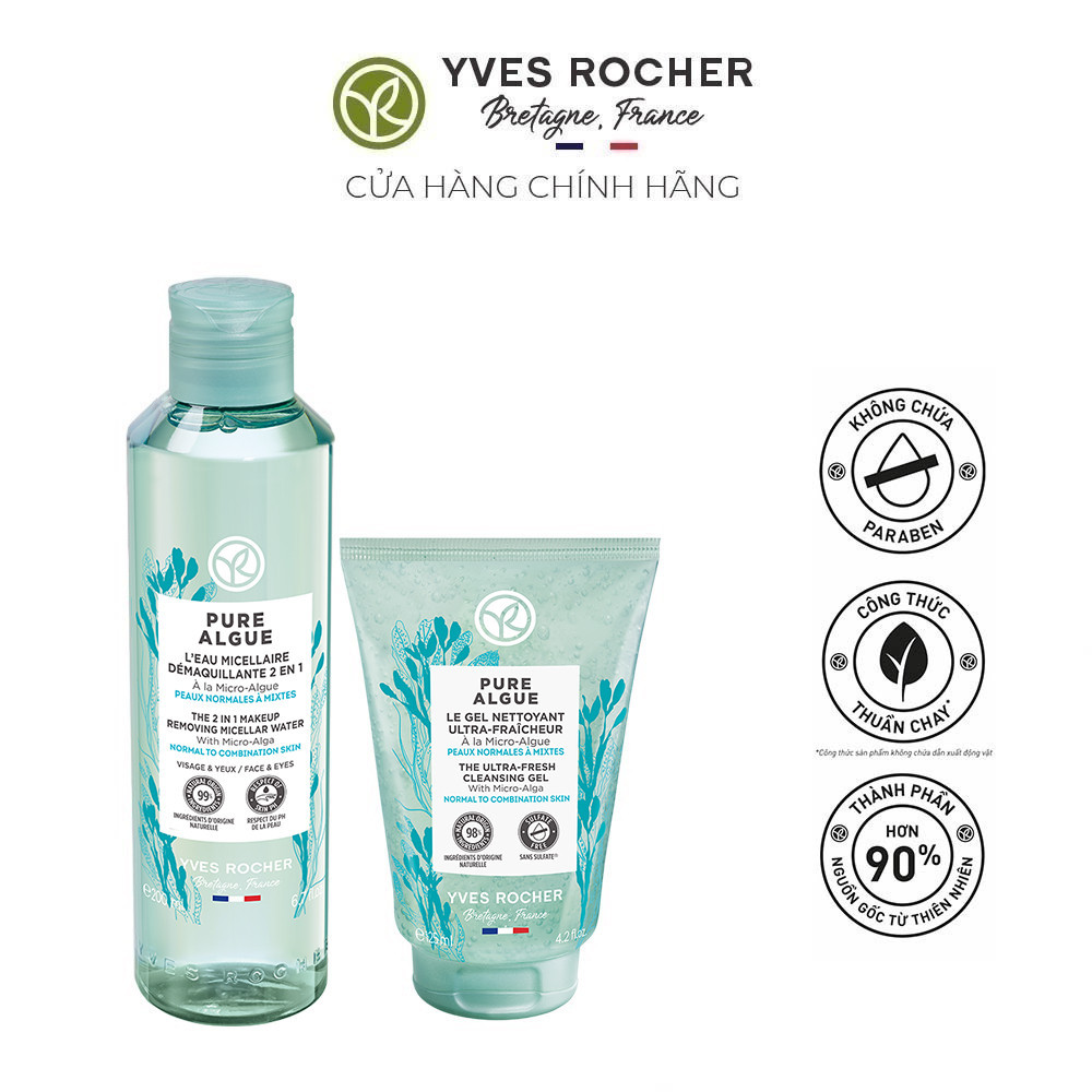 Combo Làm Sạch Da Yves Rocher Sữa Rửa Mặt Dạng Gel Pure Algue & Nước Tẩy Trang Pure Algue 325ml