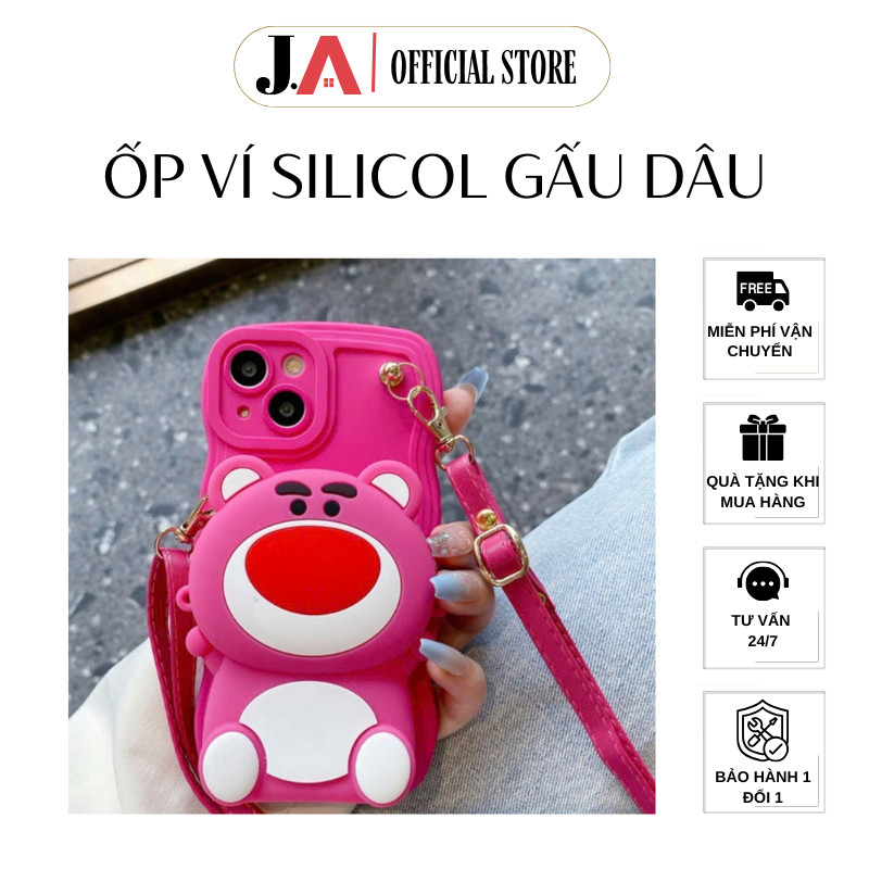 Ốp Lưng Silicon Có Dây Đeo Và Túi Hình Gấu Dâu Losto , Chú Chó Dễ Thương, Ốp Than Siêu Cute (JA OFFI