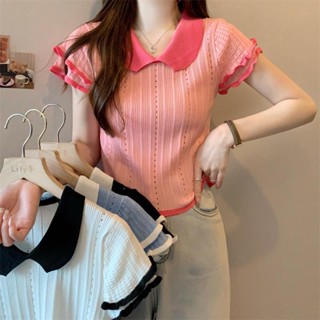 Áo kiểu nữ Màu Hồng Slim-fit Áo thun có cổ polo Tay Ngắn Top Nữ Mùa Hè 2025 Hàn Quốc Ngọt Ngào