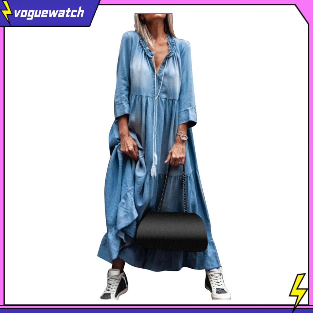 Vog Vintage Nữ Ren Cổ Chữ V 3 / 4 Tay Lớn Viền Tua Rua Rời Đầm Maxi Denim