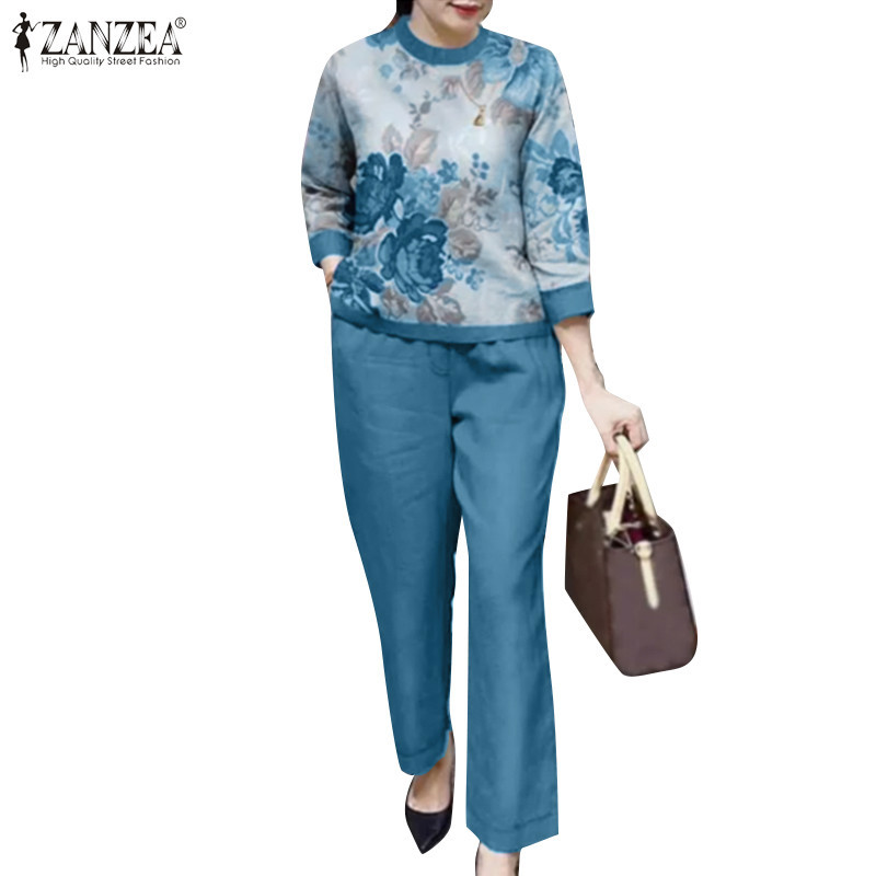 Zanzea Bộ thắt lưng thun cổ chữ O in họa tiết hàng ngày cổ điển dành cho nữ
