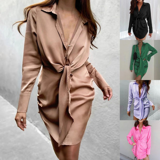 Ayyufe Áo Sơ Mi Đầm Màu Sâu V Nữ Giữa Eo Phối Bodycon Đầm Dạo Phố