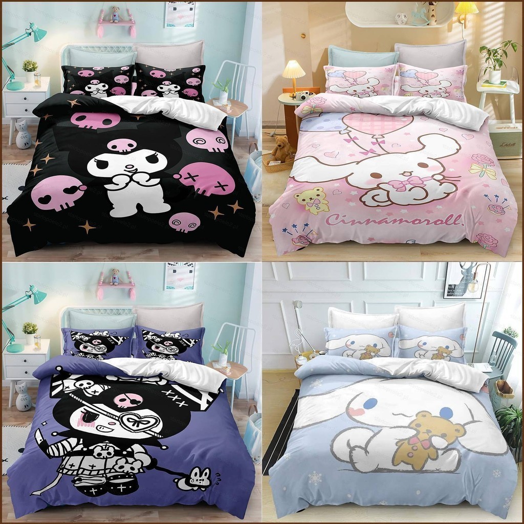 Kira Sanrio Cinnamoroll Kuromi Bộ chăn ga gối 3in1 Bộ chăn ga trải giường Vỏ gối Phòng ngủ Bộ đồ ký túc xá có thể giặt được