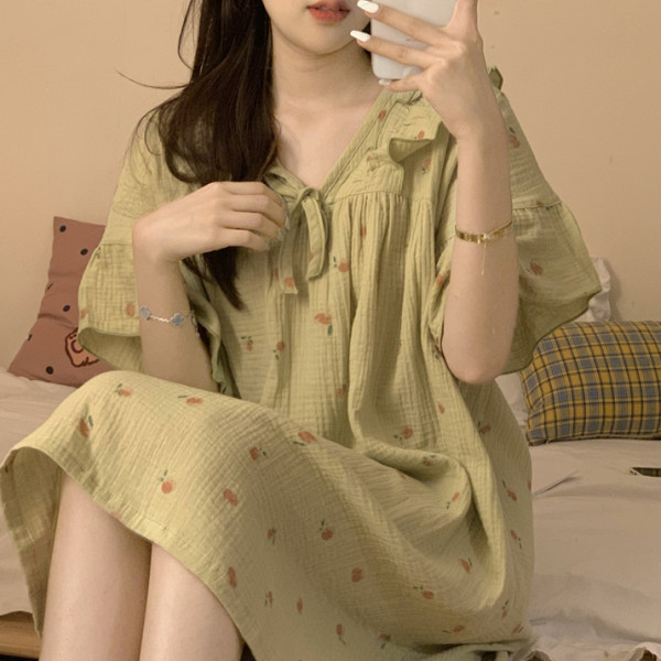 Phiên Bản Hàn Quốc Ngọt Ngào Gấu Bong Bóng Cotton Váy Ngủ Nữ Phong Cách Mới Mùa Hè Ngắn Tay Bộ Đồ Ngủ Đầm Loungewear