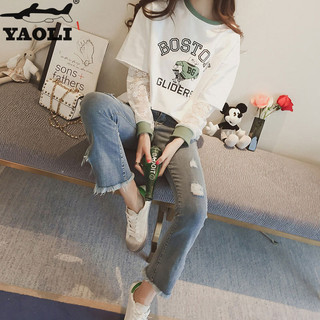 Yaoli Áo thun nữ thông thường Áo thun dài tay dành cho sinh viên mới Áo thun nữ dáng rộng rỗng ren nối đáy áo sơ mi hàng đầu