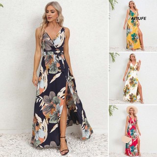 Ayyufe Nữ Mùa Hè Đầm Cổ Chữ V In Nhiều Màu Sắc Không Tay Thắt Lưng Thắt Lưng Cao Chia Viền Chiều Dài Sàn Xếp Ly Mềm Đi Biển Kỳ Nghỉ Đầm Maxi