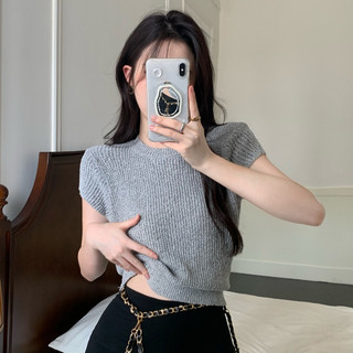 Áo Thun Dệt Kim Mùa Hè Phong Cách Mới Retro Xám Tay Ngắn Tính Khí Đan Ngắn
