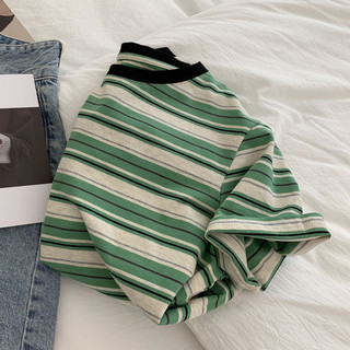 Áo thun sọc in hình nam cỡ lớn Retro Cặp đôi dáng rộng cổ tròn phong cách Preppy hàng đầu