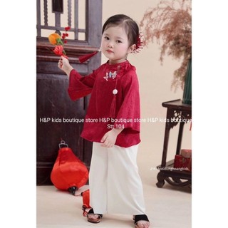 10-27kg Bộ bà ba đỏ quần trắng chất gấm lụa cao cấp cho bé gái, bộ bà ba đi chùa cho bé gái