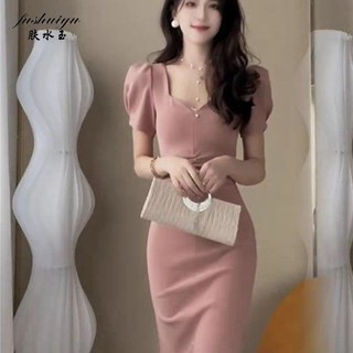 Fushuiyu Váy ngắn tay cao cấp và thích hợp mùa hè mới có chiều dài vừa vặn và vừa vặn đa năng, vừa vặn thon gọn và váy dài quấn mông cho nữ