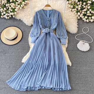 Thời Trang Nữ Thanh Lịch Vintage Xếp Ly Cao Cấp Ôm Chữ A Đầm Xuân Thu Cổ Chữ V Tay Đèn Lồng Đơn Ngực Thêu Dự Tiệc Váy Kỳ Nghỉ