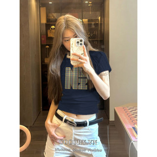 Cocorygirl Gợi cảm ôm vừa vặn cổ tròn "chữ" in hình áo thun ngắn tay quần áo nữ thời trang hàng đầu