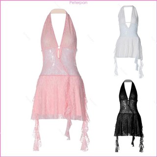 Pepa Nữ Lưng Dây Sâu Cổ Chữ V Thoáng Khí Và Nhẹ Không Tay Sheer Ren Mini Đầm
