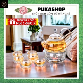 Đun trực tiếp trên bếp bộ ấm pha trà thủy tinh chịu nhiệt kèm 6 ly và đế nến thủy tinh