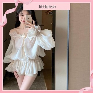 [Cá Nhỏ] Áo Sơ Mi Một Vai Sang Trọng Pháp Ngọt Ngào Bé Gái Mùa Xuân Bên Ngoài Pure Desire Áo Sơ Mi Voan Tay Phồng Áo Sơ Mi Sang Trọng