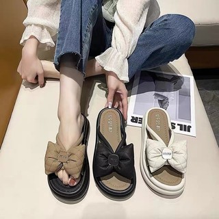 Dép quai ngang nữ Miu đính nơ da đế cao 4 cm
