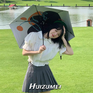 Áo sơ mi nữ tay ngắn HUIZUMEI, áo thun cổ búp bê ngắn tay màu trơn đơn giản và đa năng phong cách Hàn Quốc