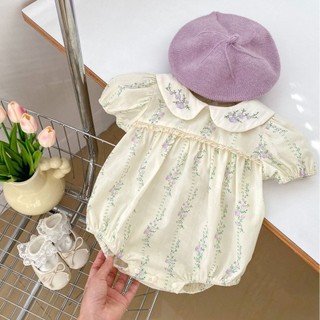 Bộ áo liền quần bé gái phiên bản Hàn Quốc Hoa tay ngắn cho bé gái Bộ áo liền quần cổ búp bê mùa hè