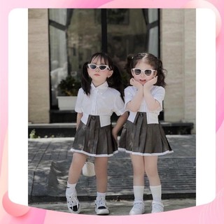 Set áo sơ mi trắng chân váy ghi xám cho bé gái