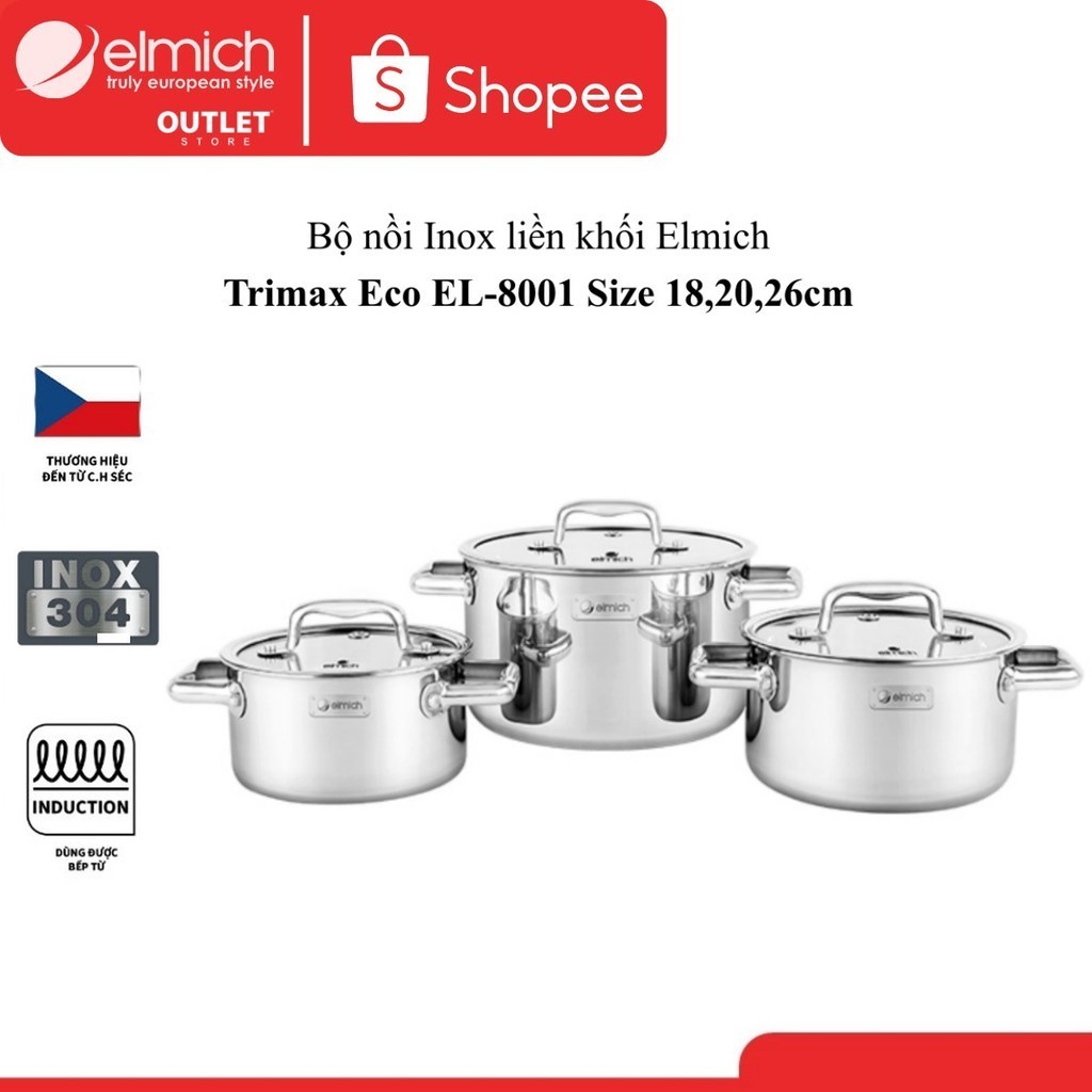 Bộ 3 Nồi Inox Liền Đáy Elmich Trimax ECO EL-8001 size 18, 20, 26cm