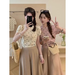 Mùa hè Phong Cách Mới Ôm Hơn Nhìn Ngắn Cổ Tròn Giảm Tuổi Hàng Đầu Nhỏ Tươi Hoa Dệt Kim Tay Ngắn T @