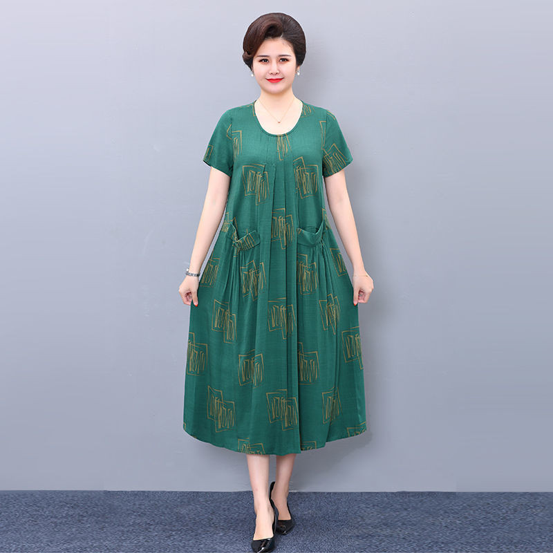 Đầm Người Cao Tuổi Trung Niên Tay Ngắn Plus Béo Plus Size 110kg Đầm Mẹ Béo Bao Giữa Chiều Dài Váy Bụng Người Cao Tuổi Trung Niên Váy Ngắn Tay Plus Béo Plus Kích Thước 110kg Đầm Mẹ Béo