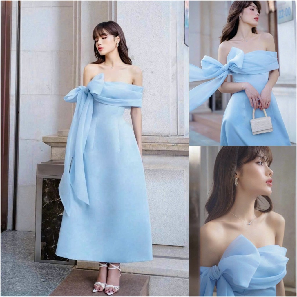 H144 Đầm Tiểu Thư Trễ Vai Phối Nơ Dành Cho Nữ  Phù Hợp Dạo Phố Dự Tiệc AKARA CLOSET Women Dress