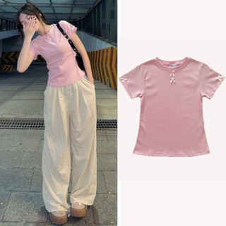 Áo thun nữ cộc tay  Baby Tee Body mùa hè mát có đính nơ chất liệu vải thun cotton tăm mịn mát, co giãn có bigsize