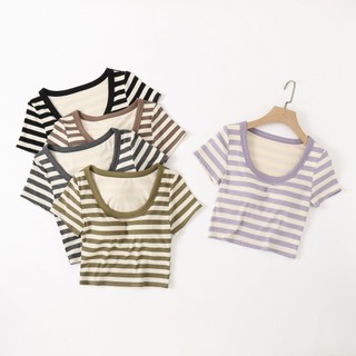 Phụ nữ crop top cổ tròn sọc tay ngắn áo ngực ngắn top đầy áo thun