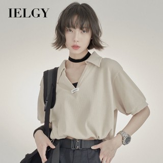 Áo thun ngắn tay IELGY dành cho nữ phong cách Hàn Quốc dáng rộng cổ áo polo giảm béo