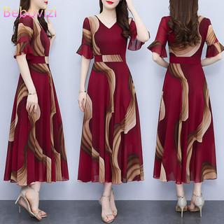 Mùa Hè 2024 Mới Voan Hoa Lớn Viền Đầm Thường Ngày Ôm Eo Cổ Chữ V Plus Size M-5XL