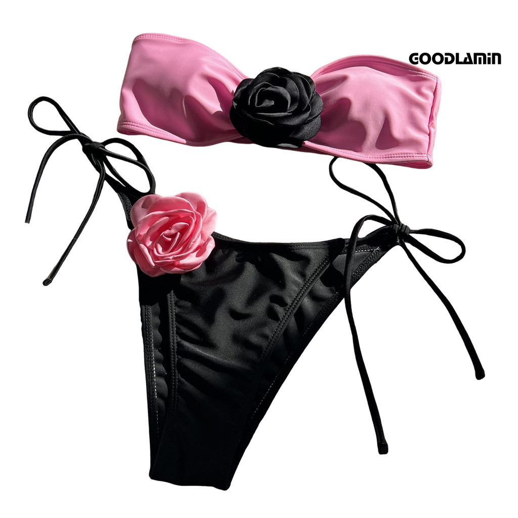 Goodlyz 2 Cái / bộ Nữ Gợi Cảm Bikini Bộ Chắp Vá Màu Bandeau Áo Ngực Phối Ren Bộ Hoa Hồng | BigBuy360 - bigbuy360.vn