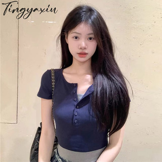 Áo thun nữ phối màu tương phản TINGYAXIU Slim Fit đơn giản tay ngắn đa năng