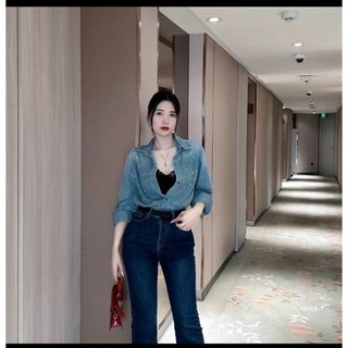M847 - Áo khoác sơmi jean tay dài cổ bẻ đính đá, áo jean bling bling