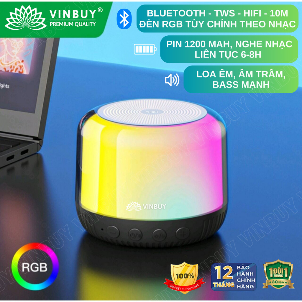 Loa Bluetooth Loa Không Dây Mạnh Mẽ Loa Trầm Không Dây HiFi Loa Nhạc Mini Có Đèn RGB, Có Thể Thay Đổi Màu Sắc Theo Music-VinBuy Sản Phẩm Chính Hãng