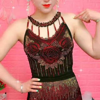 Tqs 37-85kg Gợi Cảm Hoa Hồng Kim Cương Giả Xương Đòn Dây Cami Áo Nữ Dây Xích Xe Tăng Kích Thước Lớn Áo Không Tay Crop Top