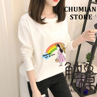 Áo thun nữ dài tay Hàn Quốc chữ hoạt hình in hình cổ tròn