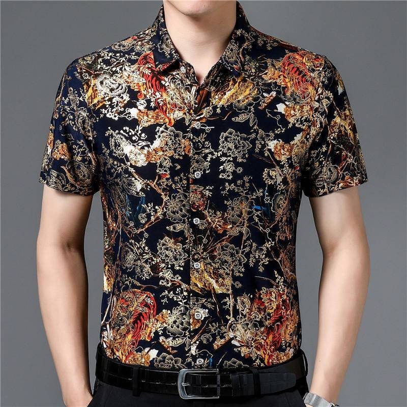 Nam Mùa Hè Áo Sơ Mi Hoa Tay Ngắn Rời Không Sắt Thường Ngày Nửa Tay Ice Silk Áo Sơ Mi Mạ Mỏng Top