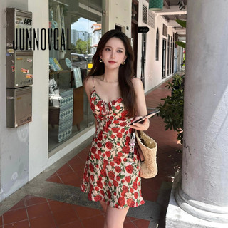 Đầm Mini Nữ JUNNOVGAL 2024 Retro In Nách Eo Phong Cách Mới Cắt Thấp Dây Không Tay