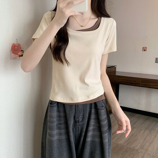 100% cotton 220g Áo thun ngắn tay có độ đàn hồi cao chất lượng cao cổ tròn giả hai chiếc áo màu mơ dành cho nữ