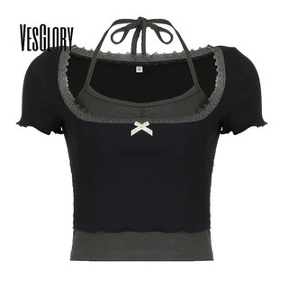 VesGlory Nữ Áo Thun Thời Trang Mới Nơ Pháp Cổ Vuông Eo Mỏng Tương Phản Hai Mảnh