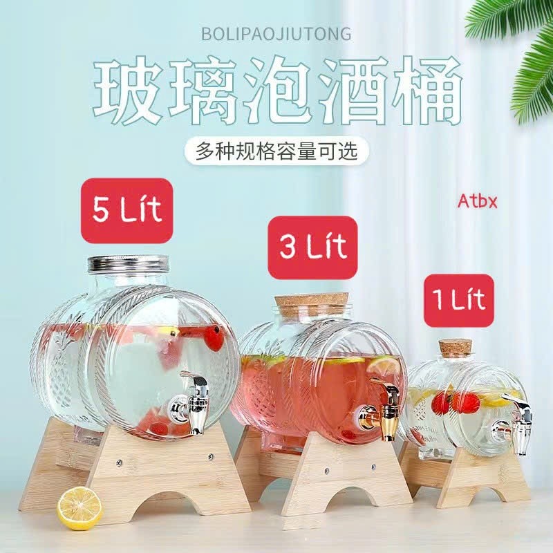 Bình Thuỷ Tinh Đựng Nước Có Vòi Tặng Kèm Chân Gỗ Dung Tích 1L , 3L , 5L , Bình Thuỷ Tinh Ngâm Rượu ,