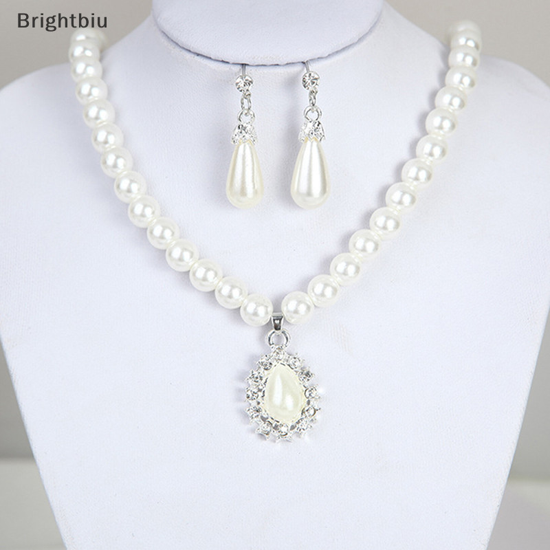 Bộ Vòng cổ + Bông Tai Đính Pha Lê & Ngọc Trai Nhân Tạo Hình Giọt Nước Sang Trọng