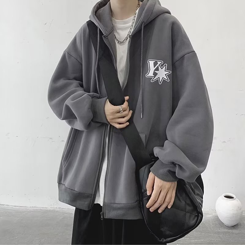 Áo khoác hoodie zip nam in chữ Y kiểu dáng rộng rãi và năng động