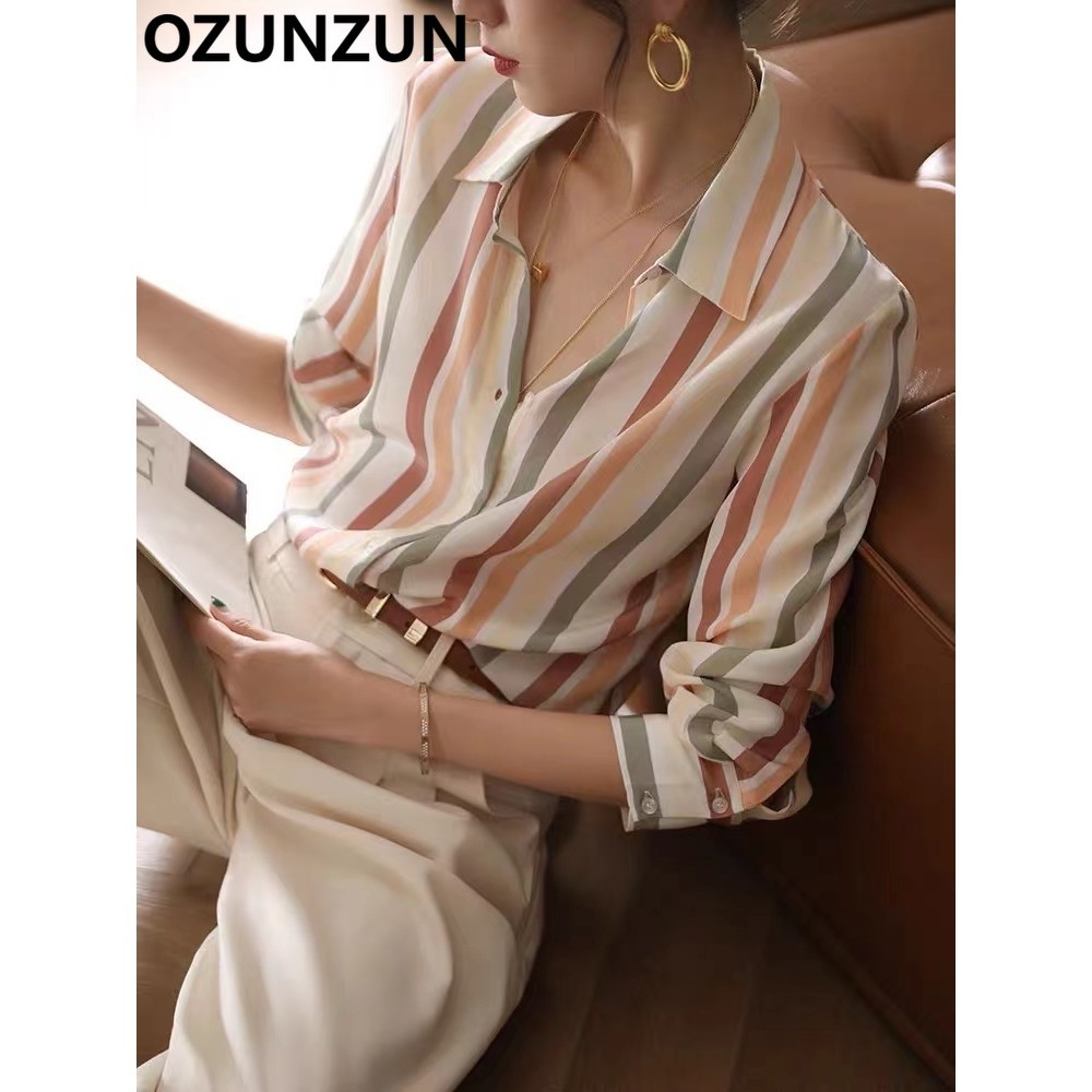 Áo sơ mi lụa dài tay sọc Ozunzun 0669