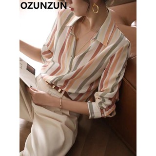 Áo sơ mi lụa dài tay sọc Ozunzun 0669