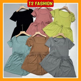 Bộ đồ ngủ mặc nhà ngắn tay cổ vuông chất thun tăm mát lạnh T009