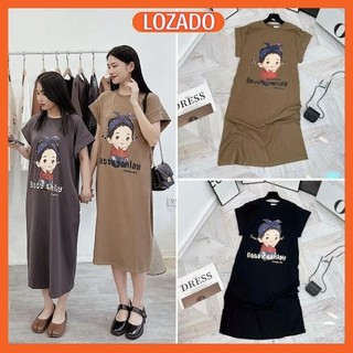 Váy suông nữ LOZADO đầm xuông tay cánh rơi in hình cô gái trẻ trung - V38