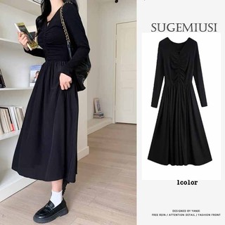 Đầm cổ chữ v dài tay Sugemiusi kiểu Pháp màu đen dành cho nữ
