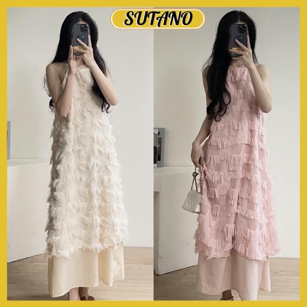 Đầm maxi cổ yếm lông vũ dáng xuông 2 lớp dài tua rua 2 tầng váy maxi cổ yếm dáng dài đi biển V211 SUTANO